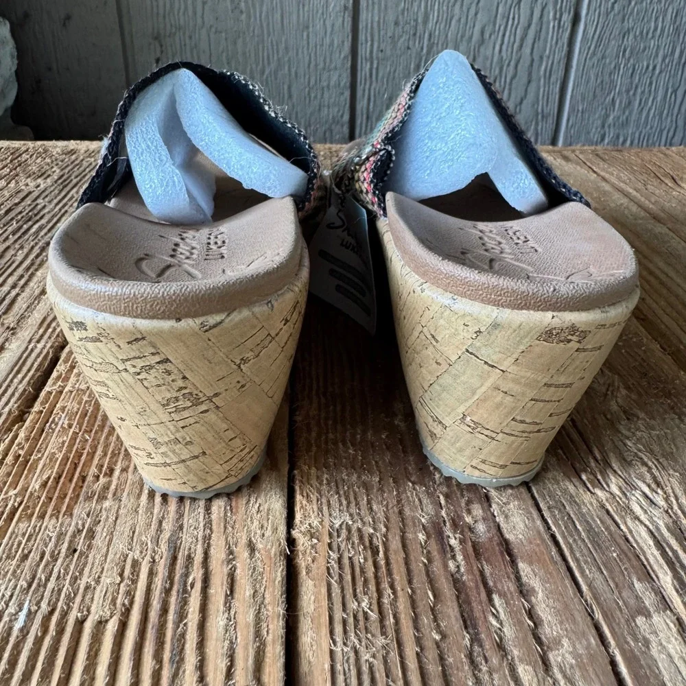 Skechers Luxe Foam Wedge Sandals Womens 9 Multi Color Woven Cork Slide 38554 MLT